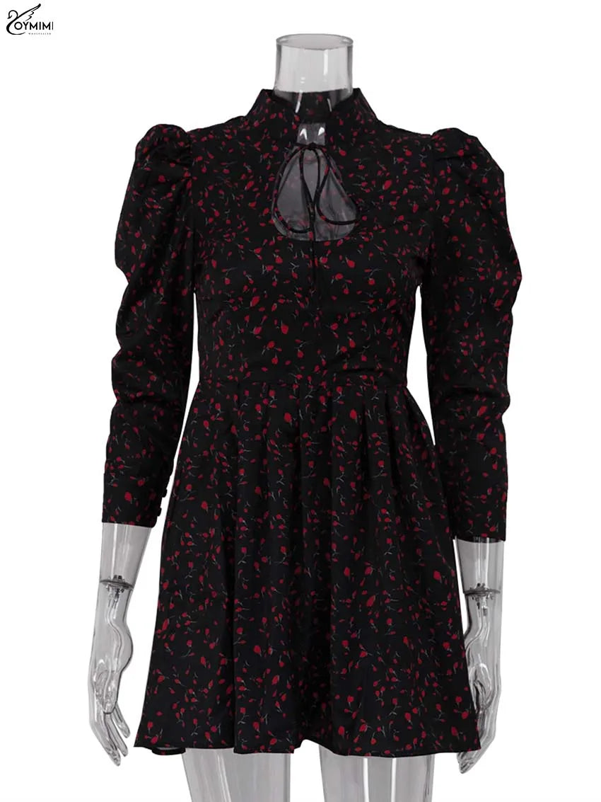 Oymimi Elegant Black White Womens Dresses Fashion Three Quarter Sleeve Hollow Out Dresses Casual High Waisted Mini Dress Female