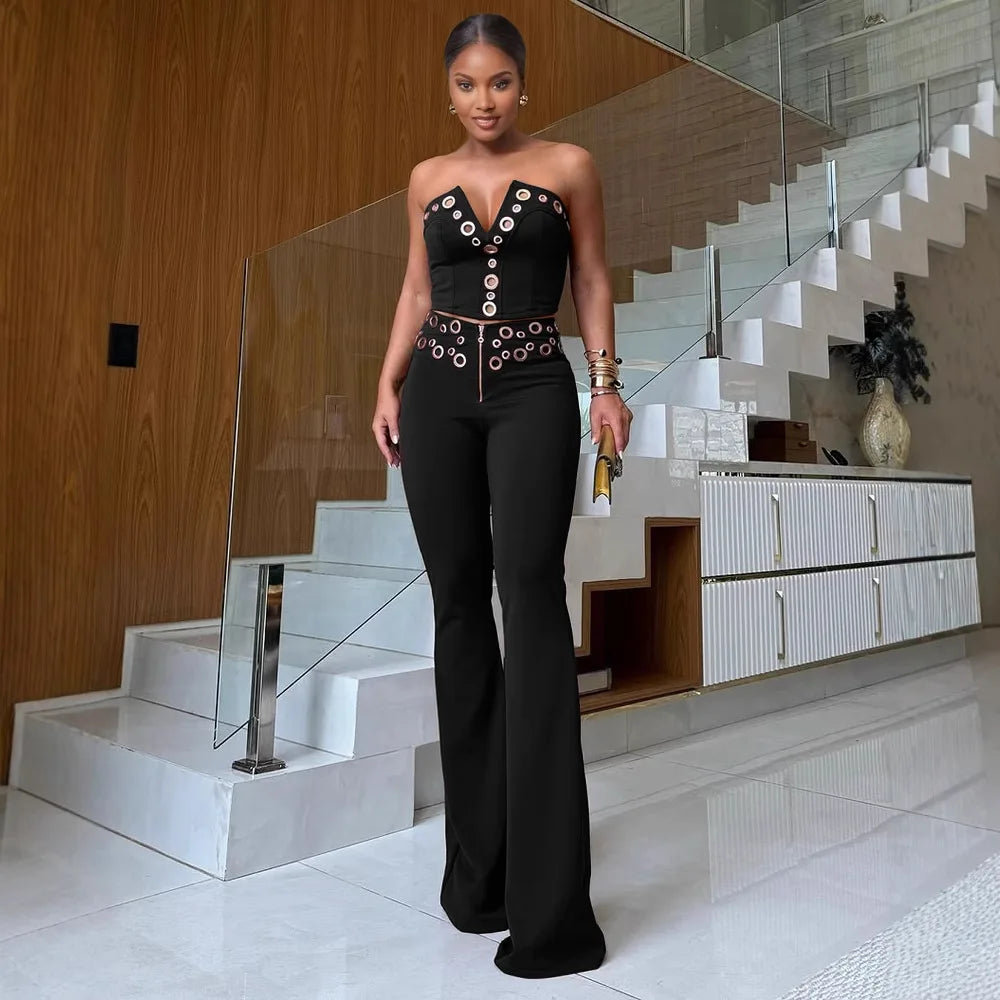 V Neck Top And Wide Leg Pants Set