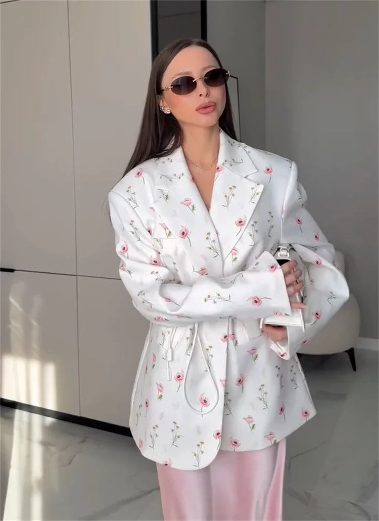 Printed Lace Up Casual Notched Blazer Jacket for Women
