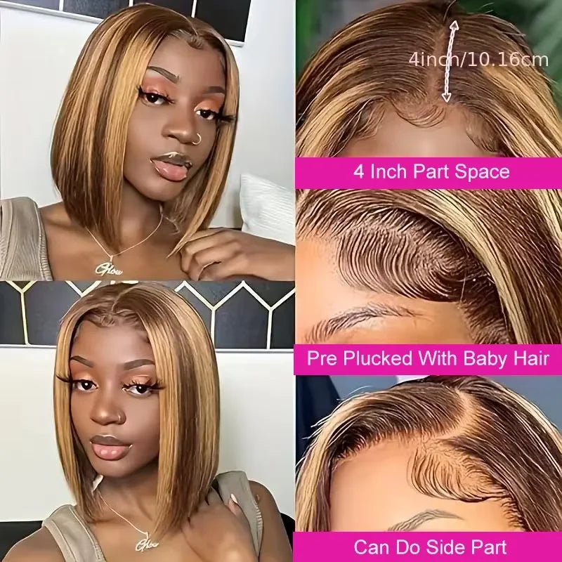 200% Density Short Bob Wigs Highlight Straight Lace Front Wigs Blonde 13x4 Transparent Lace Front Wig 100% Human Hair 427#16Inc