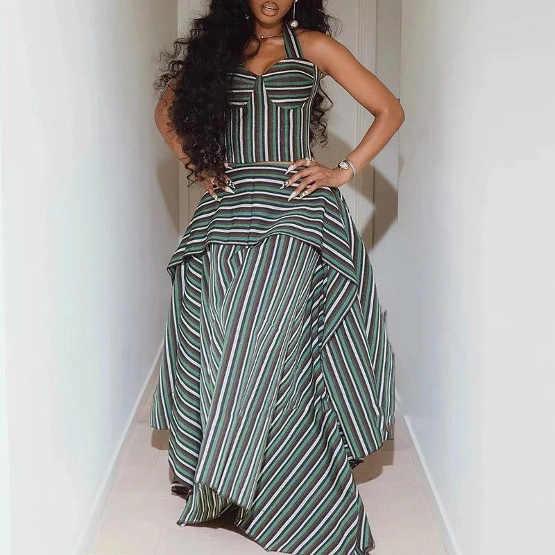 Striped Vacation Halter Backless Top and Half Skirt Set for Women