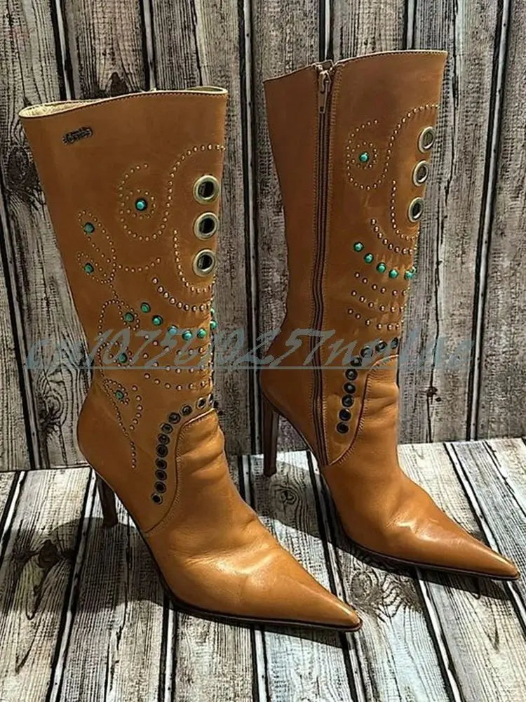 Brown Crystal Ring Detail Mid Calf Stiletto Boots For Women