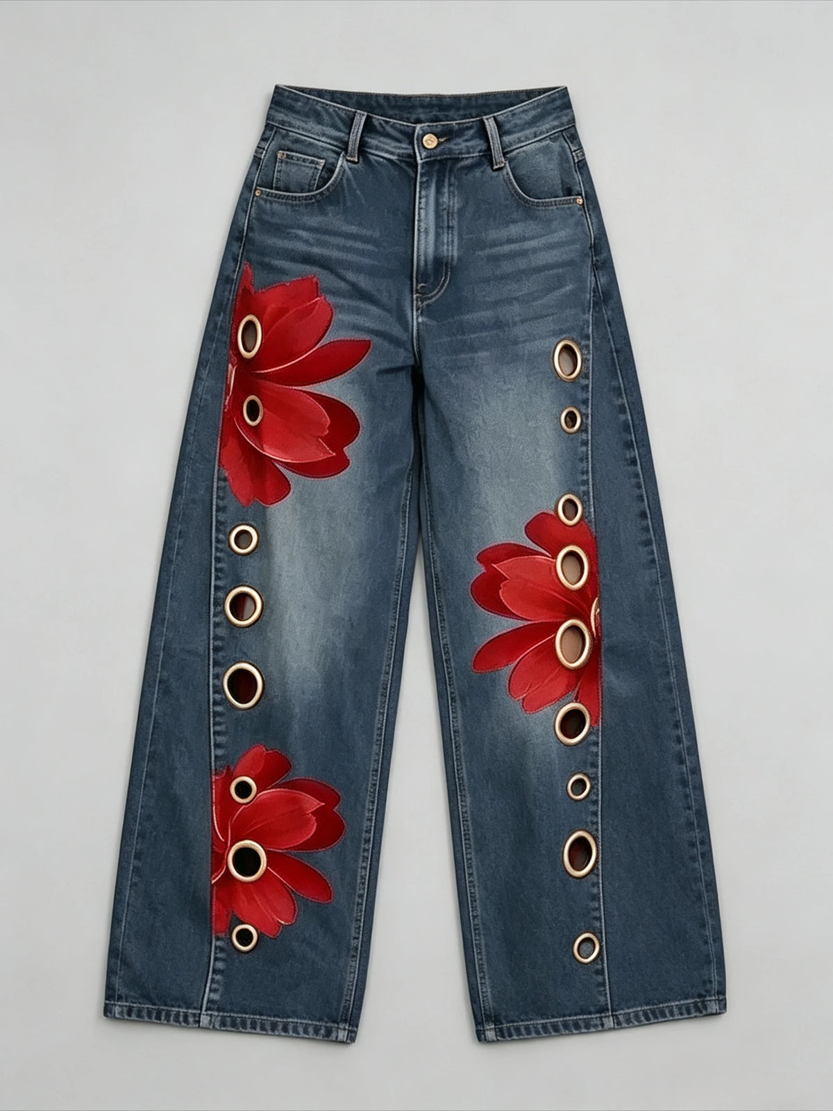 Bonboho Women High Waist Flower Print Wide Leg Floor Length Jeans 2026 Vintage Blue Denim Palazzo Jeans with Metal Eyelet Cutout