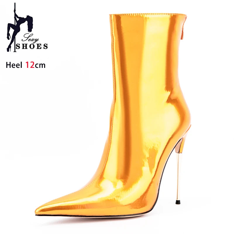 Shiny Blue Mirror Stiletto Boots with Side Zipper for Women