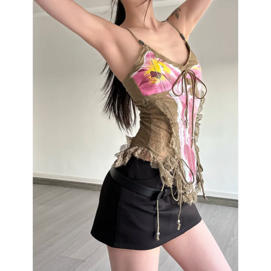Y2K French Girl Color Glass Wasteland Vest Lace Tassel Decorative Splicing Design Printed Waist Vest Women Summer Fashion Tops