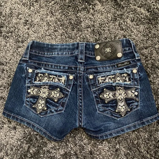 Y2K Individual Gothic Art Pattern Embroidery Decoration Low-waist Mini Denim Shorts Women's Sexy Slim and Versatile Short Skirt
