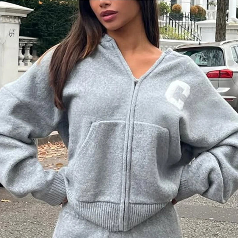Letter Print Hooded Two Piece Set With Wide Leg Pants for Women