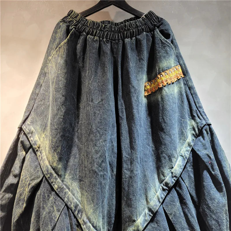 YEAE personalized exaggerated crotch pants women's 2024 autumn new elastic waist loose large size lantern denim pants