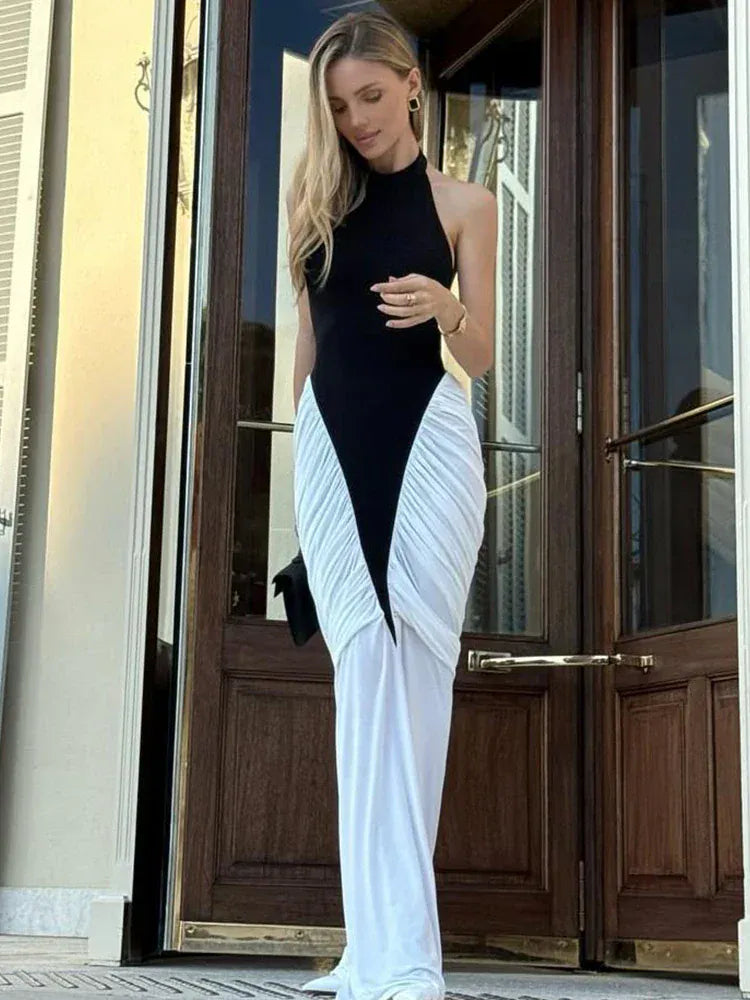 Weird Puss Ruched Maxi Dress Women Sexy Color Blocking Halter Backless Thin Slit Summer Trend Birthday Party Clubwear Vestidos