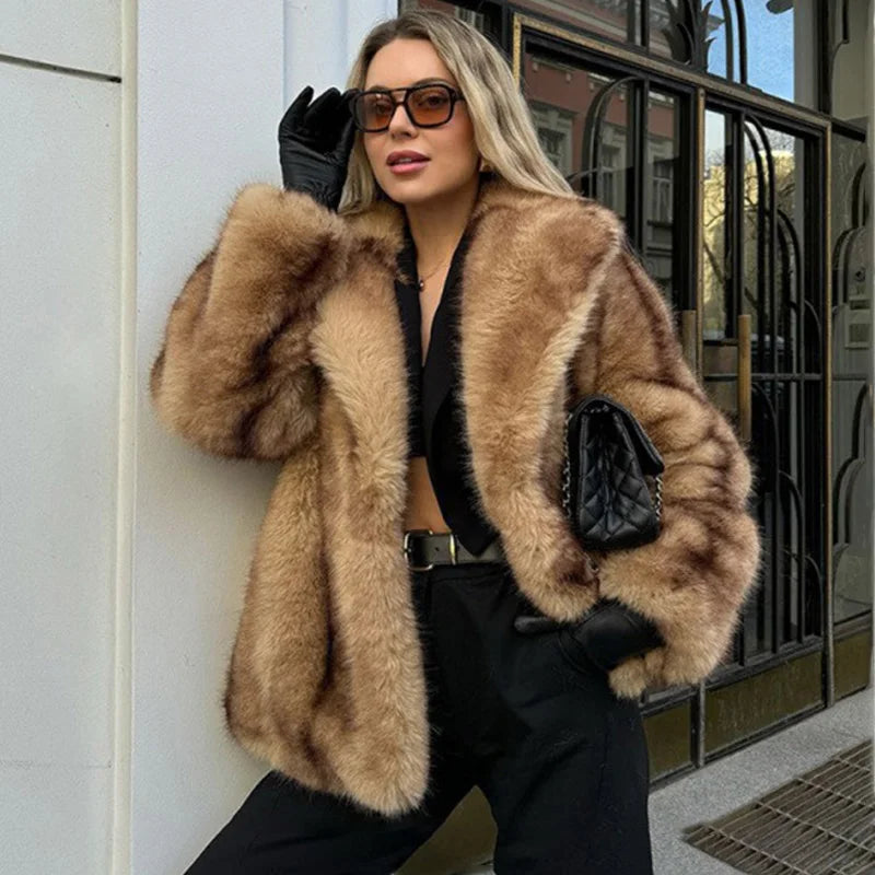 Lapel Collar Faux Fur Coat