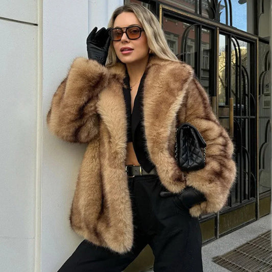 Lapel Collar Faux Fur Coat