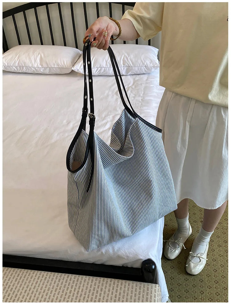 Casual Stripe Canvas Lightweight Shoulder Tote Bag for Women