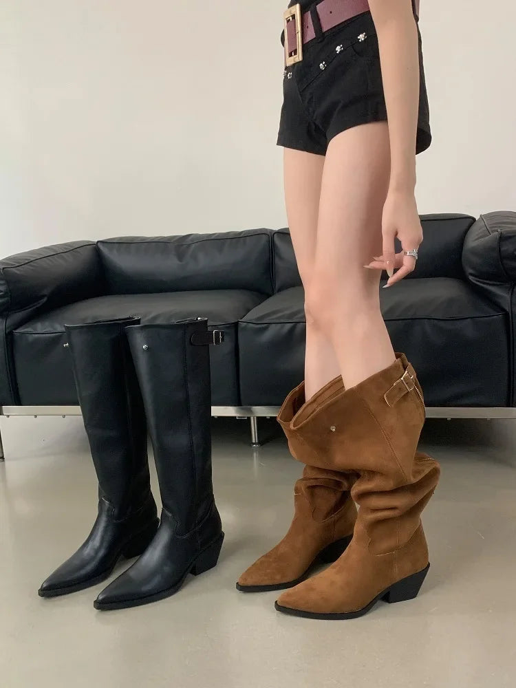 Belt Buckle Knee High Boots