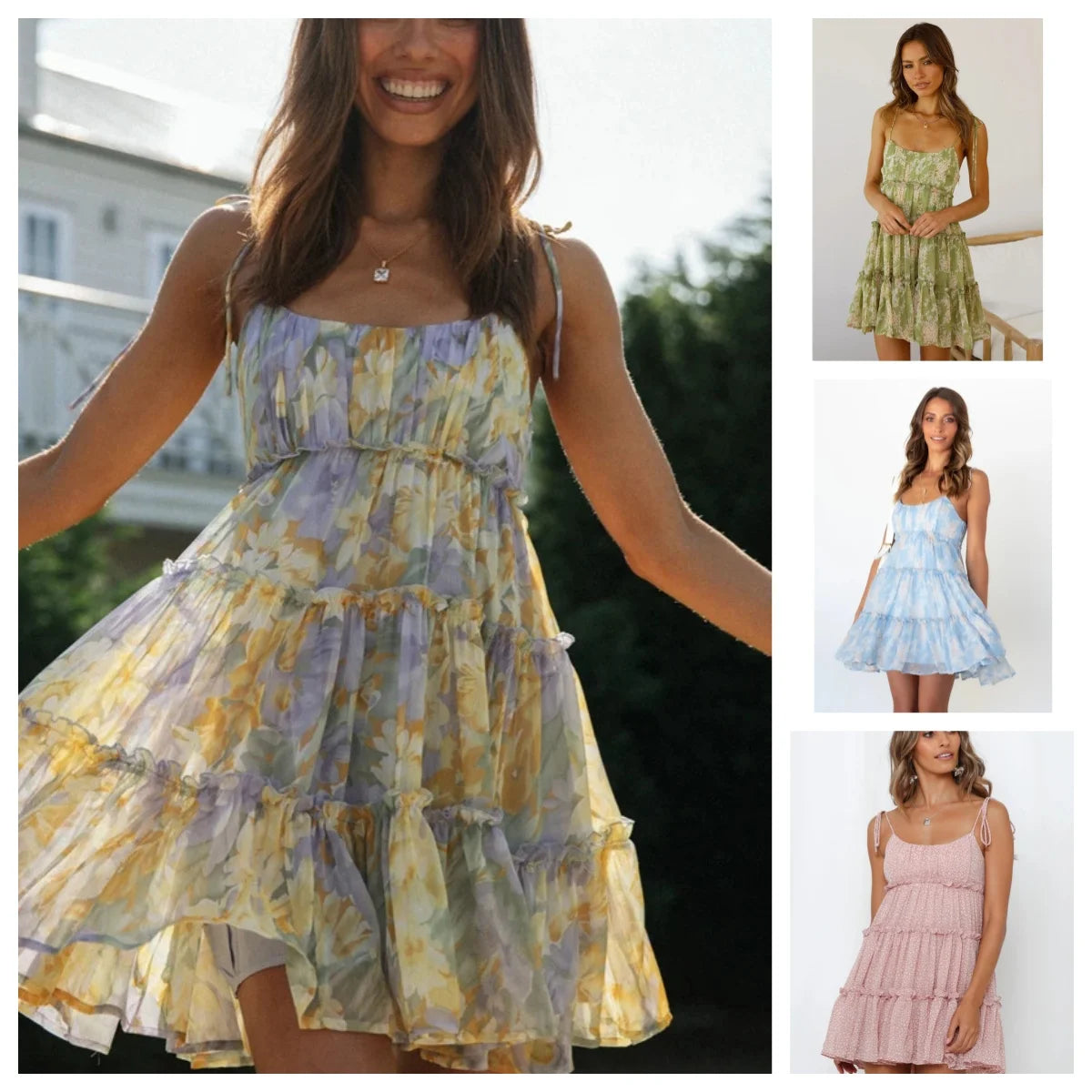 Vintage Print Chiffon Backless Summer Midi Dress For Women