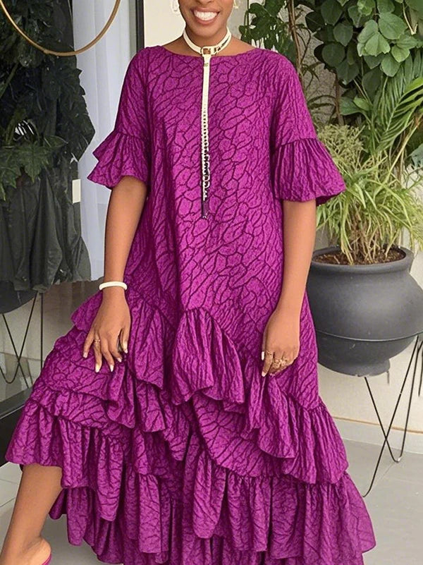 UOOZEE Women Fashion Printed Ruffle Trim Layered Pleated Maxi Dresses Flared Sleeves Elegant Evening Banquet Long Dress 2025 New