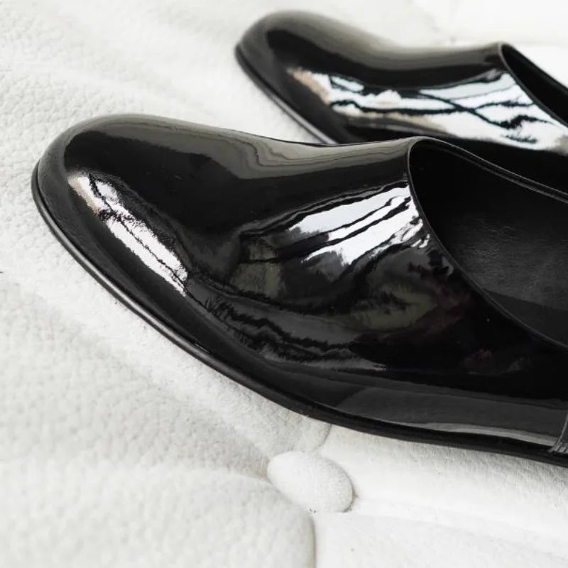 Low Heel Slip On Patent Leather Round Toe Pumps for Women