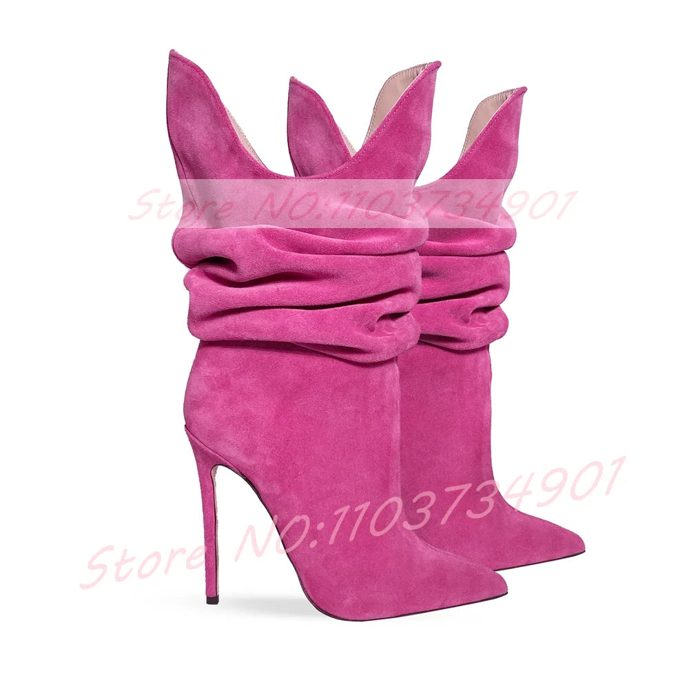 Fuchsia Pleated Pointy Toe High Heel Suede Ankle Boots For Women