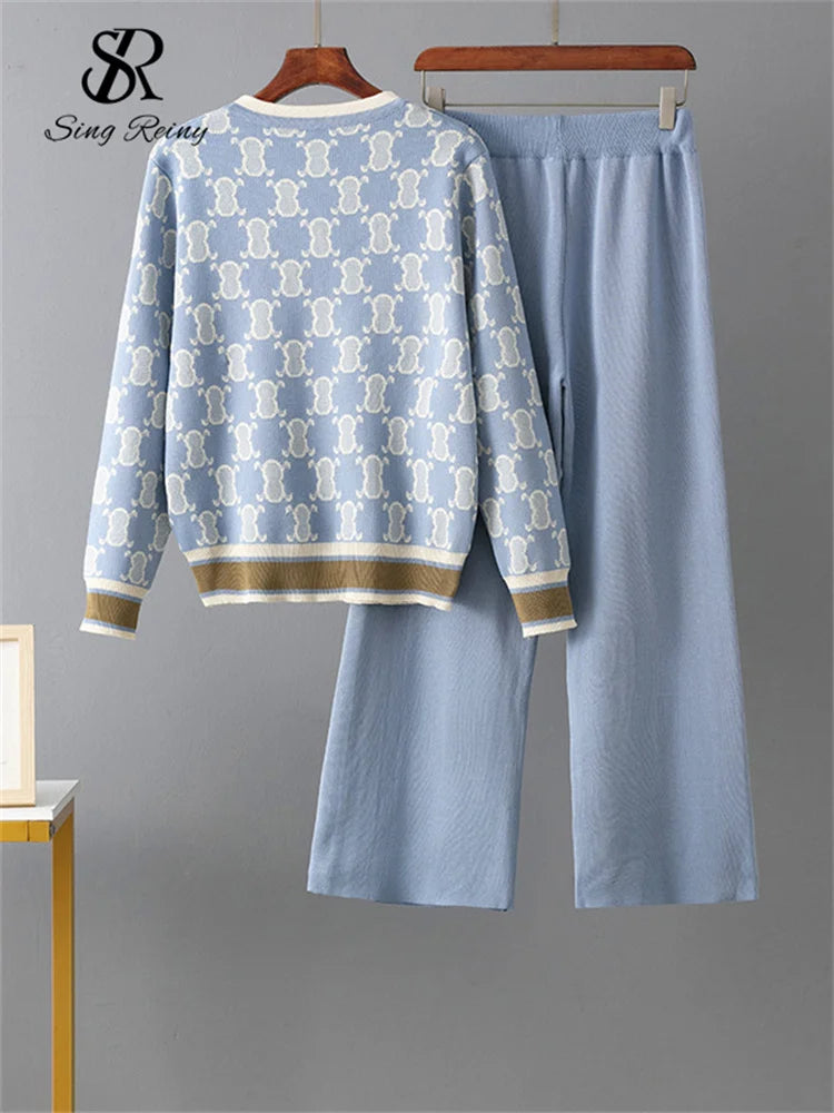 V-Neck Printed Knit Sweater and Pants Set for Women