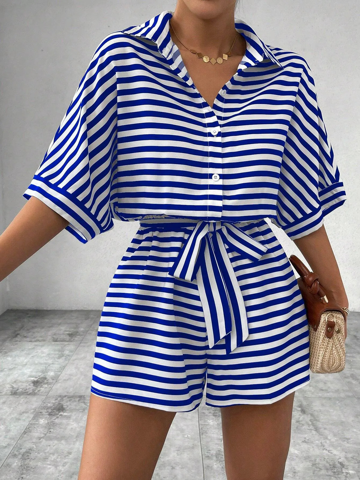 Casual Striped Batwing Sleeve Top And Shorts Set For Women