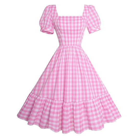 Pink Plaid Square Collar Dress