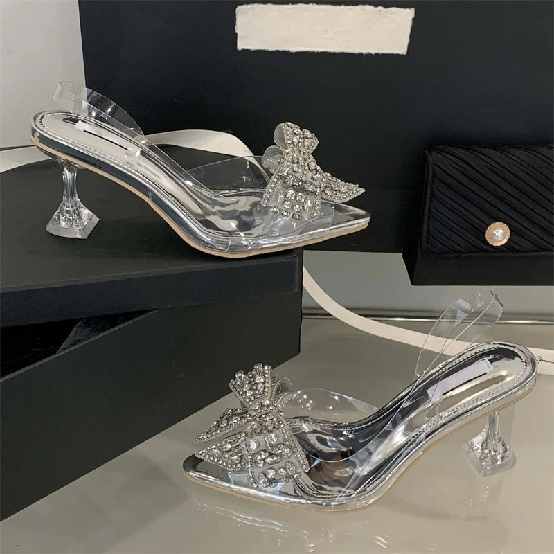 Glam Crystal Bow Pointed Toe Slingback Pumps for Women