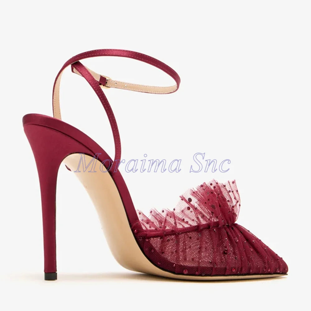 Pink Pointed Toe Ruffled Rhinestone Stiletto Sandals for Women