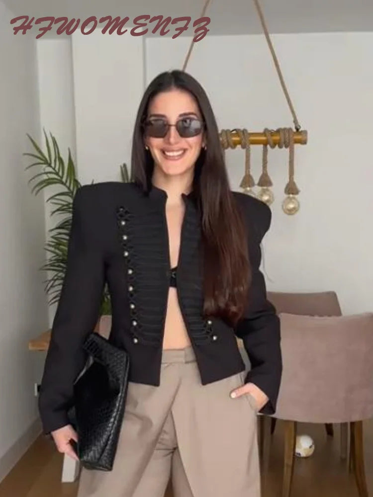 Chic Shoulder Padded Stand Collar Full Sleeve Blazer for Women