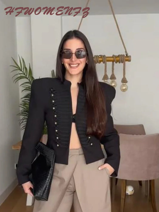 Stand Collar Blazer With Padded Shoulders