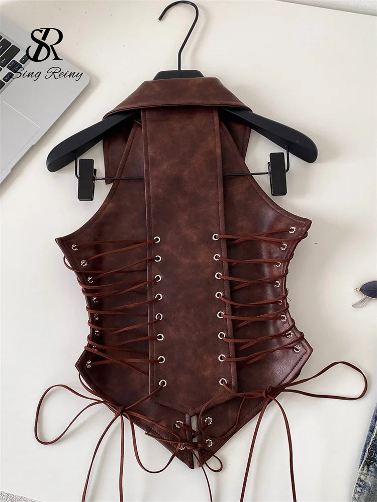 Retro Lace Up Faux Leather Sleeveless Bustier Top for Women