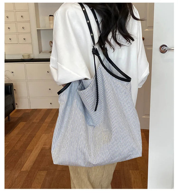 Casual Stripe Canvas Lightweight Shoulder Tote Bag for Women