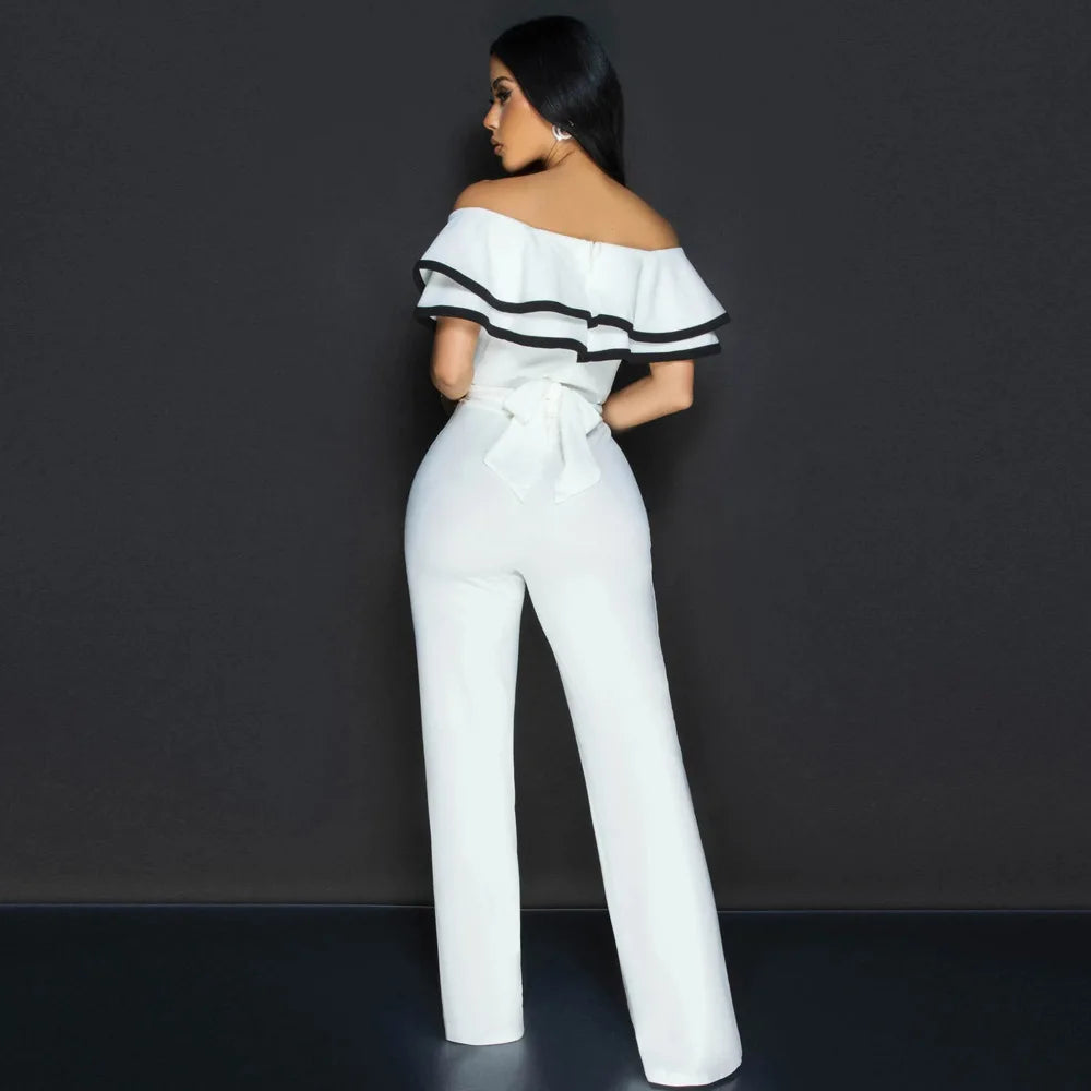 CM.YAYA Women V-neck Off Shoulder Ruffles Wide Leg Jumpsuits 2024 Summer Fashion Sexy Party Playsuit One Piece Suit Rompers