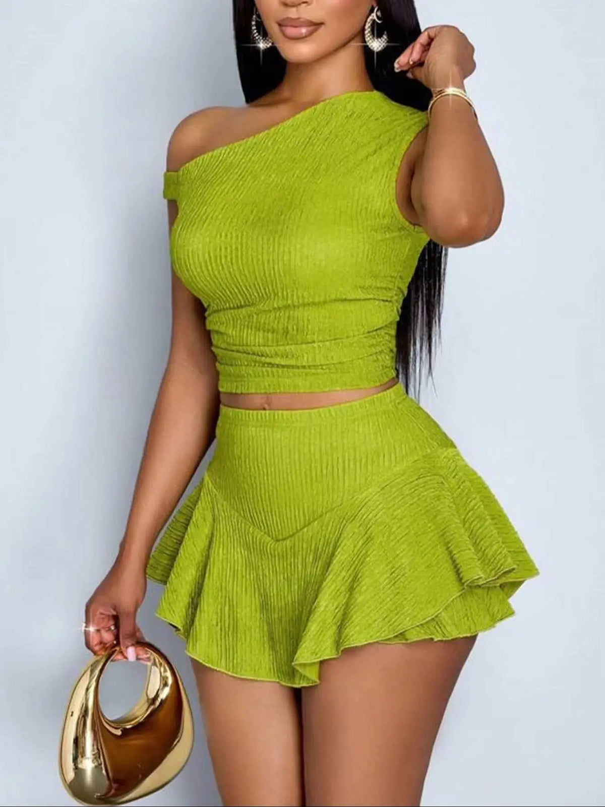 Summer One Shoulder Ruffle Two Piece Skirt Set for Women