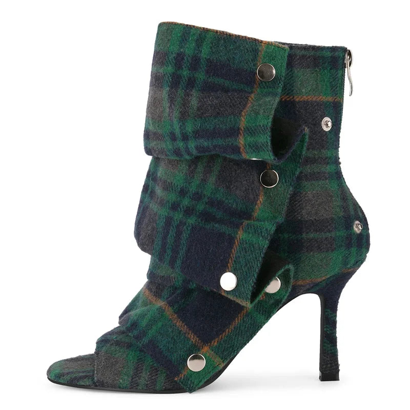 Pleated Plaid Ruched Peep Toe Ankle Boots for Women