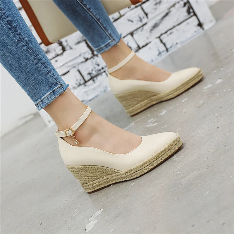 White Green Ankle Strap Platform Wedges