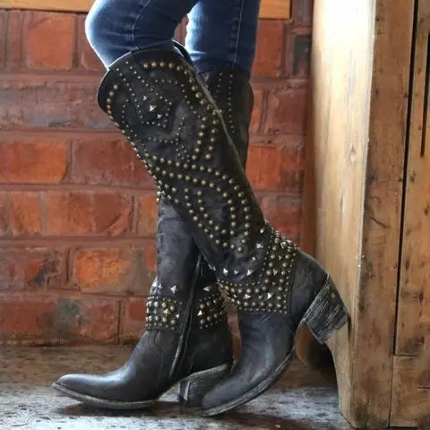 Riveted Western Pointed Toe Knee High Boots For Women