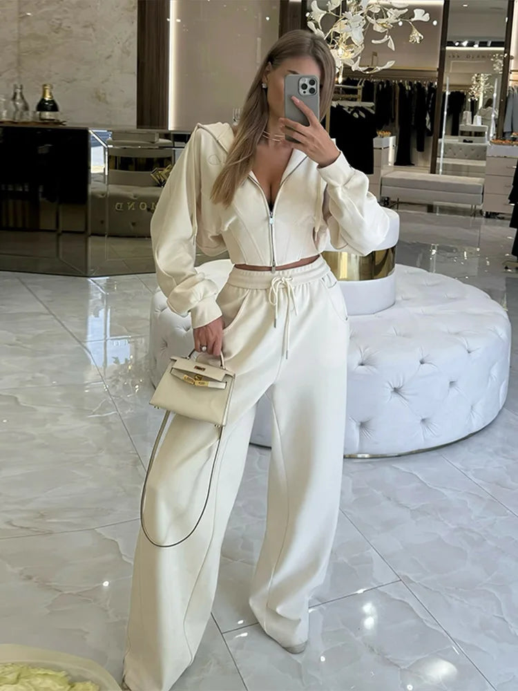 Zip Up Corset Hoodie And Wide Leg Sweatpants Two Piece Set For Women
