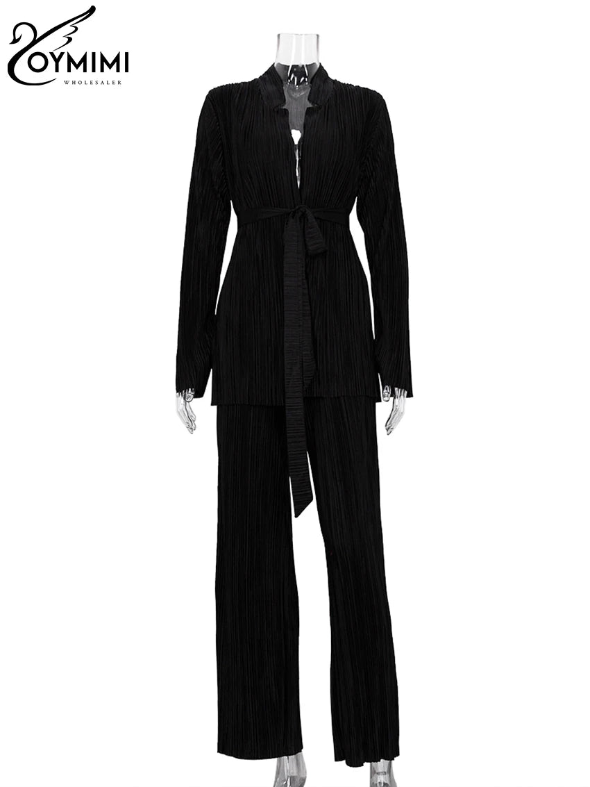 Oymimi Sexy Black Pleated 2 Piece Sets Women Outfit Fashion Loose Slit Long Sleeve Lace-Up Top With High Waist Pants Set Female