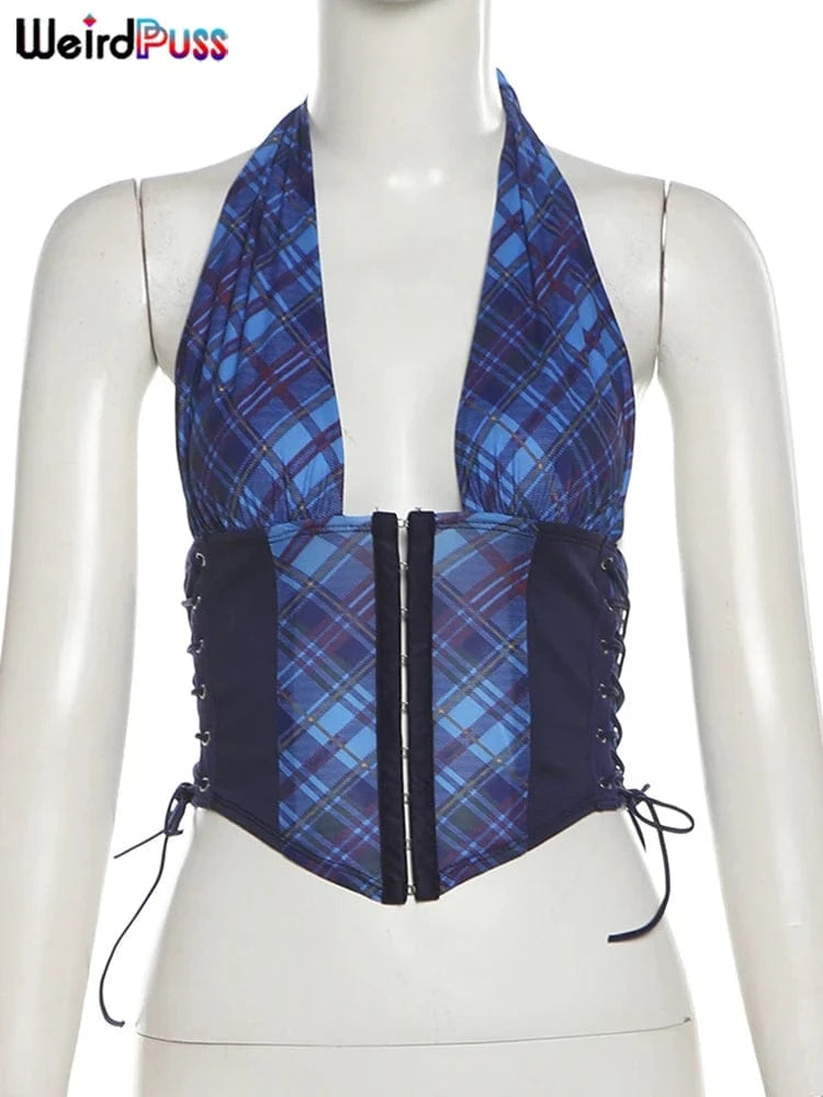 Weird Puss Bandage Button Tops Woman Summer Plaid Print Sexy Deep V-Neck Halter Skinny Wild Hipster Y2K Fashion Party Streetwear