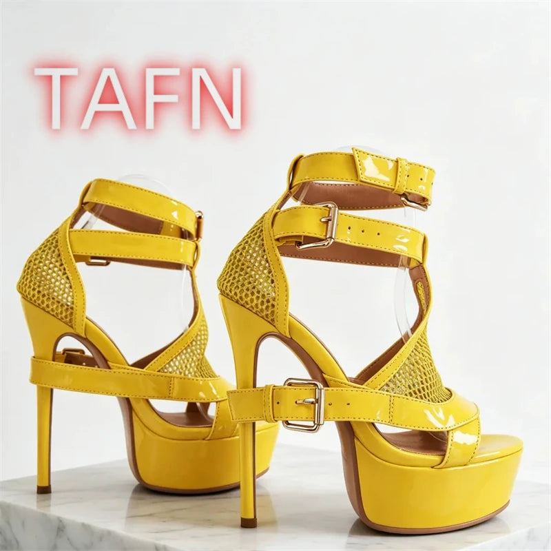 Mesh Buckle Strap Stiletto Platform Sandals for Women