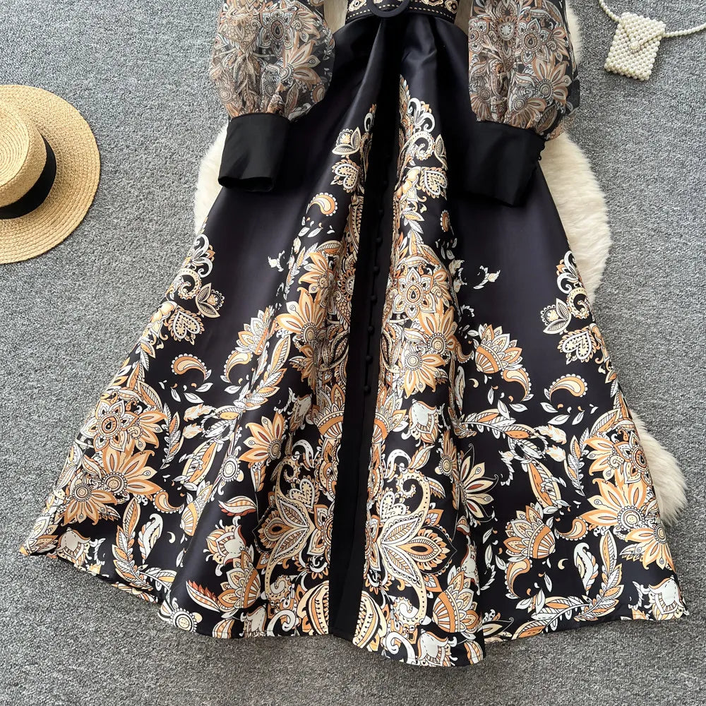 Elegant Printed Mesh Spliced A Line Maxi Dress for Women