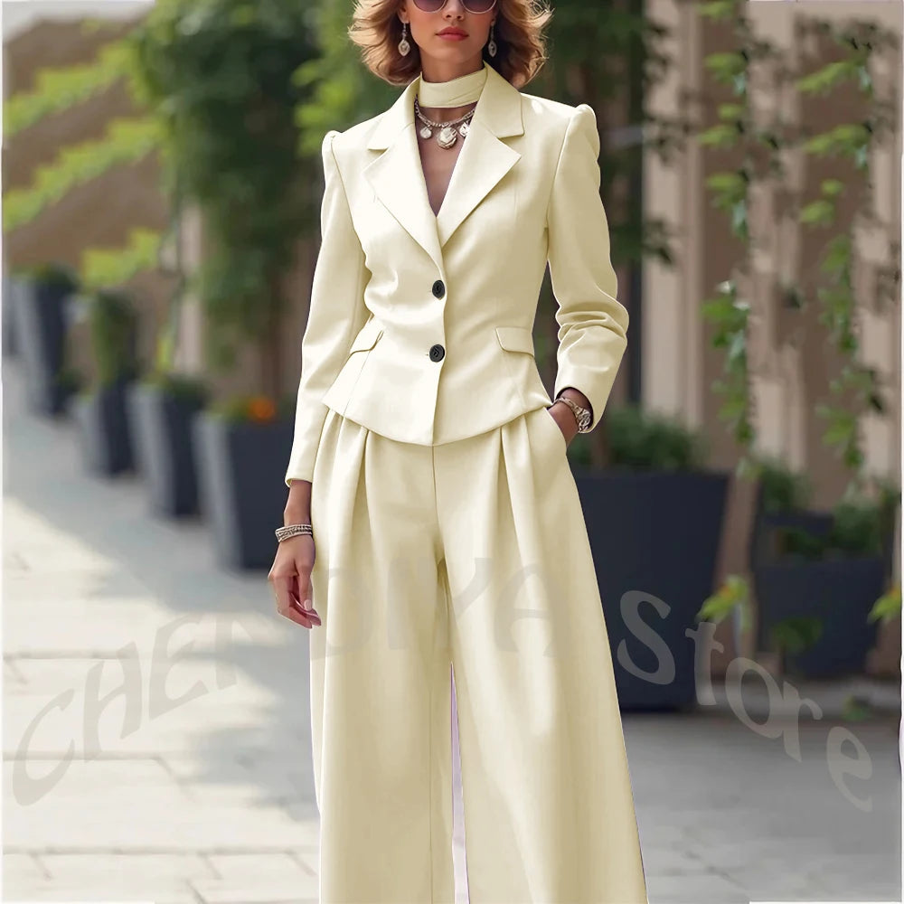 Elegant Notch Lapel Tailored Two Piece Suit Set for Women