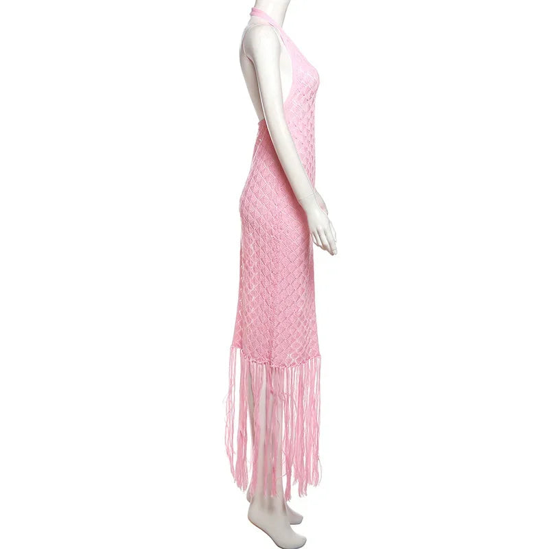 Elegant See Through Crochet Tassel Halter Dress for Women