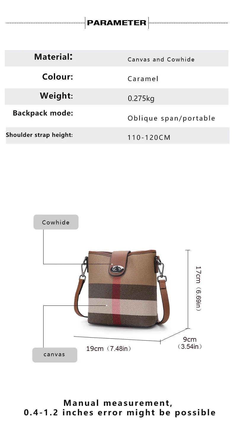 Elegant Plaid Genuine Leather Bucket Bag for Women