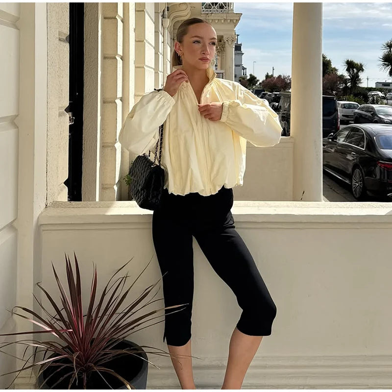 Zip Up High Neck Puff Sleeve Cropped Jacket For Women