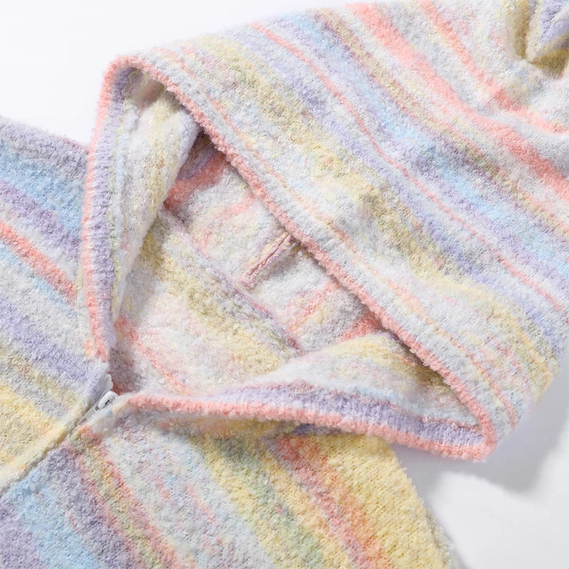 Colorful Rainbow Stripe Hooded Knit Cardigan for Women