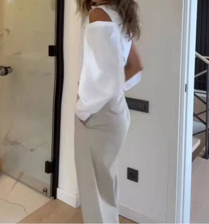 2 Piece Set Women Casual 2025 Spring Lapel Off Shoulder Shirt Tops & Fashion Pocket High Waist Straight Pants suit Streetwear