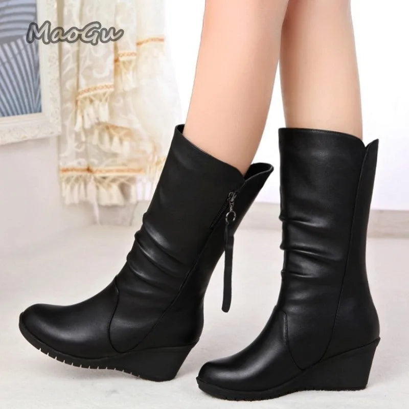 Black Warm Plush Side Zip Wedge Midcalf Boots For Women