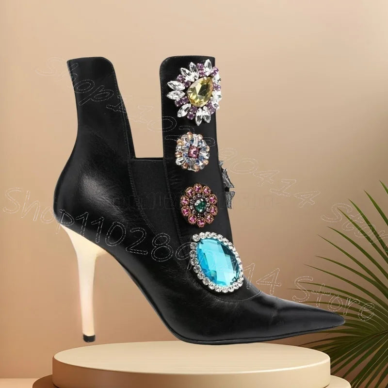 Crystal Flower Black Pointed Toe Runway Boots for Women