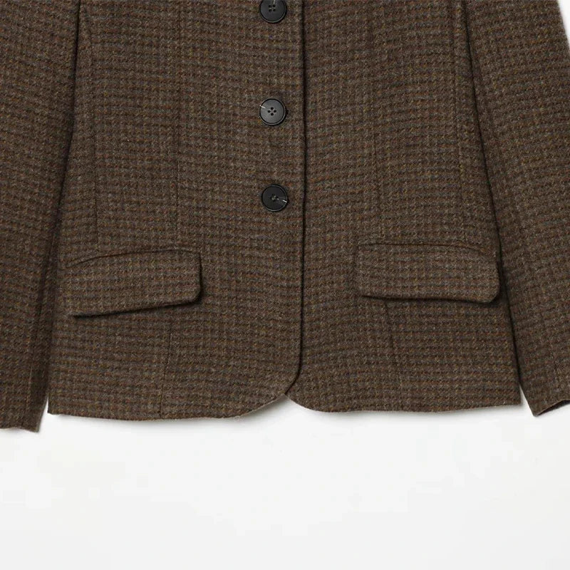 Elegant Grid Stand Collar Loose Single Breasted Woolen Coat for Women