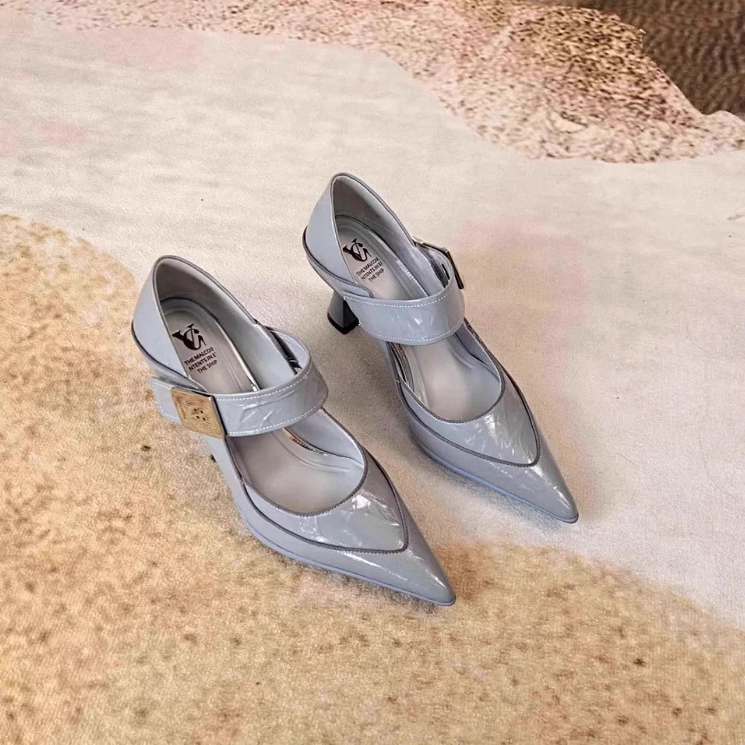 Soft Leather Pointed Toe Pumps With Metal Buckle for Women